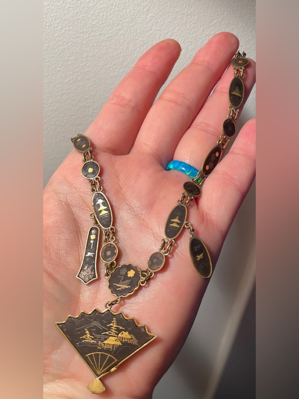 Vintage Amita Japan 24kt Gold & Brass Necklace . Damascene Enamel with Ori